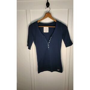 Y2K Hollister Henley Top Size Medium Navy Blue Bella 3/4 Sleeve